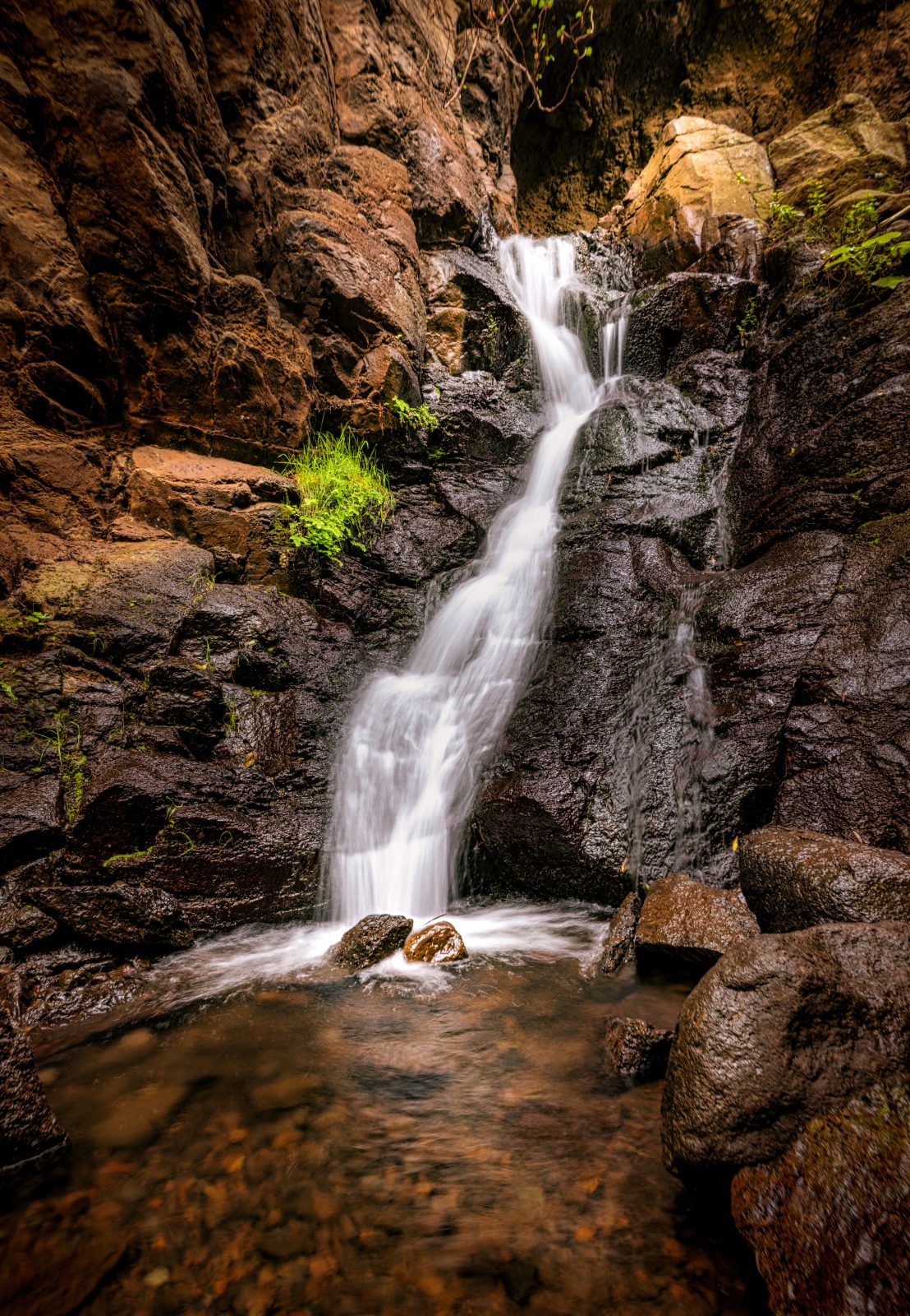 Schmaler Wasserfall fällt über dunkle Felsen in ein flaches Becken im Wald.